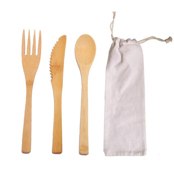 Bamboo cutlery with organic cotton string pouch