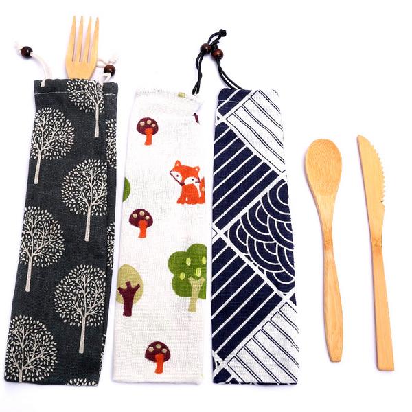 Bamboo cutlery with cotton string pouch